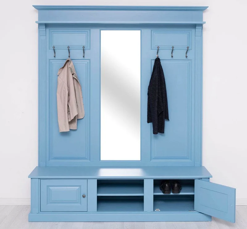 Große Garderobe aus Massivholz mit Kleiderhaken, Spiegel, Hutablage und Bank- uni