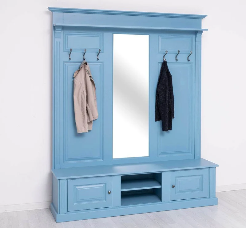 Große Garderobe aus Massivholz mit Kleiderhaken, Spiegel, Hutablage und Bank- uni