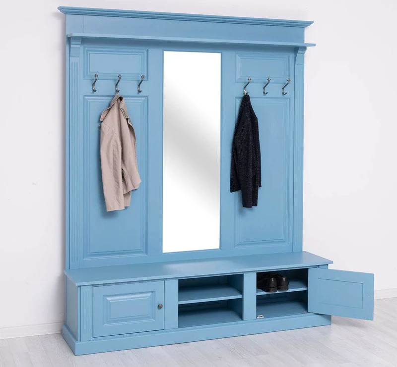 Große Garderobe aus Massivholz mit Kleiderhaken, Spiegel, Hutablage und Bank- uni