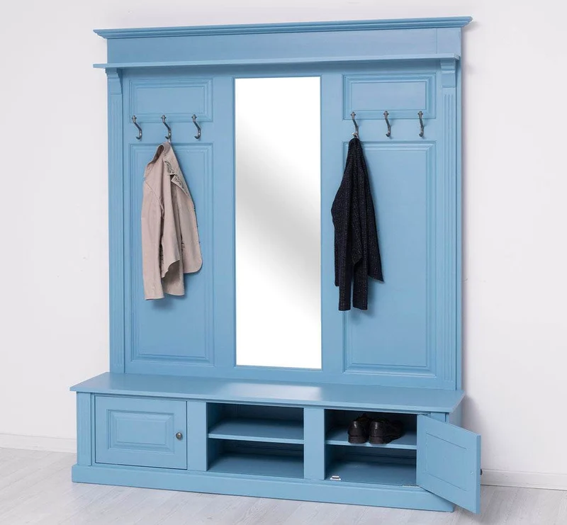 Große Garderobe aus Massivholz mit Kleiderhaken, Spiegel, Hutablage und Bank- uni