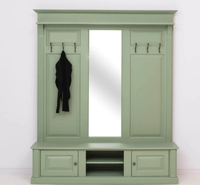 Große Garderobe aus Massivholz mit Kleiderhaken, Spiegel, Hutablage und Bank- uni