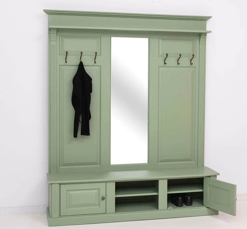 Große Garderobe aus Massivholz mit Kleiderhaken, Spiegel, Hutablage und Bank- uni