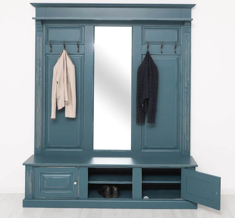 Große Garderobe aus Massivholz mit Kleiderhaken, Spiegel, Hutablage und Bank- uni