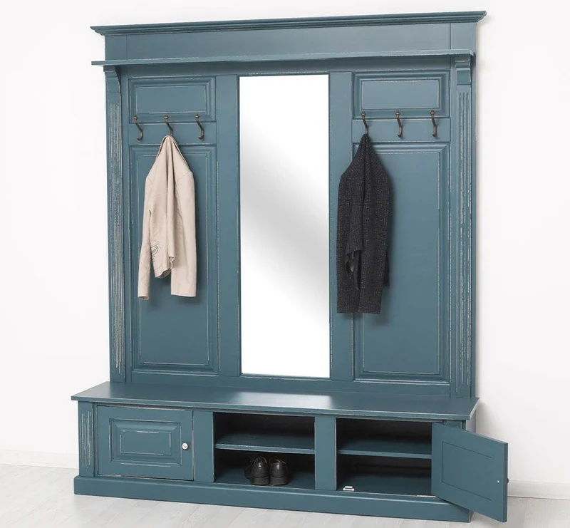 Große Garderobe aus Massivholz mit Kleiderhaken, Spiegel, Hutablage und Bank- uni