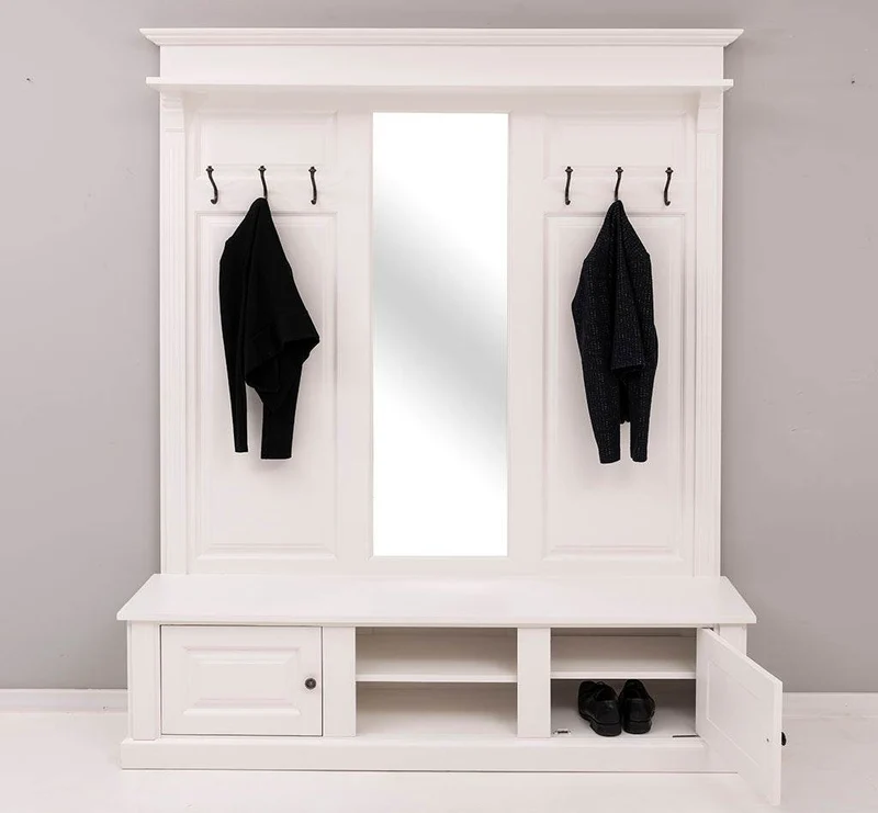 Große Garderobe aus Massivholz mit Kleiderhaken, Spiegel, Hutablage und Bank- uni