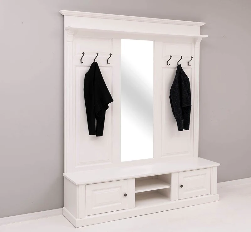 Große Garderobe aus Massivholz mit Kleiderhaken, Spiegel, Hutablage und Bank- uni