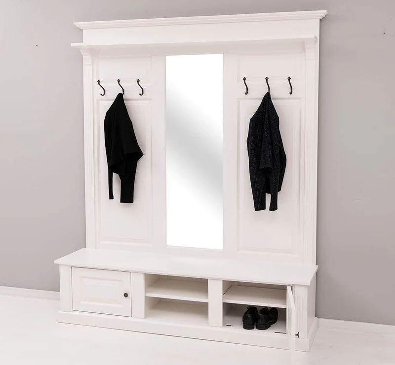 Große Garderobe aus Massivholz mit Kleiderhaken, Spiegel, Hutablage und Bank- uni