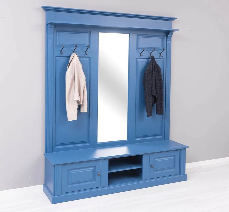 Große Garderobe aus Massivholz mit Kleiderhaken, Spiegel, Hutablage und Bank- uni