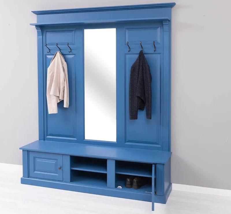 Große Garderobe aus Massivholz mit Kleiderhaken, Spiegel, Hutablage und Bank- uni