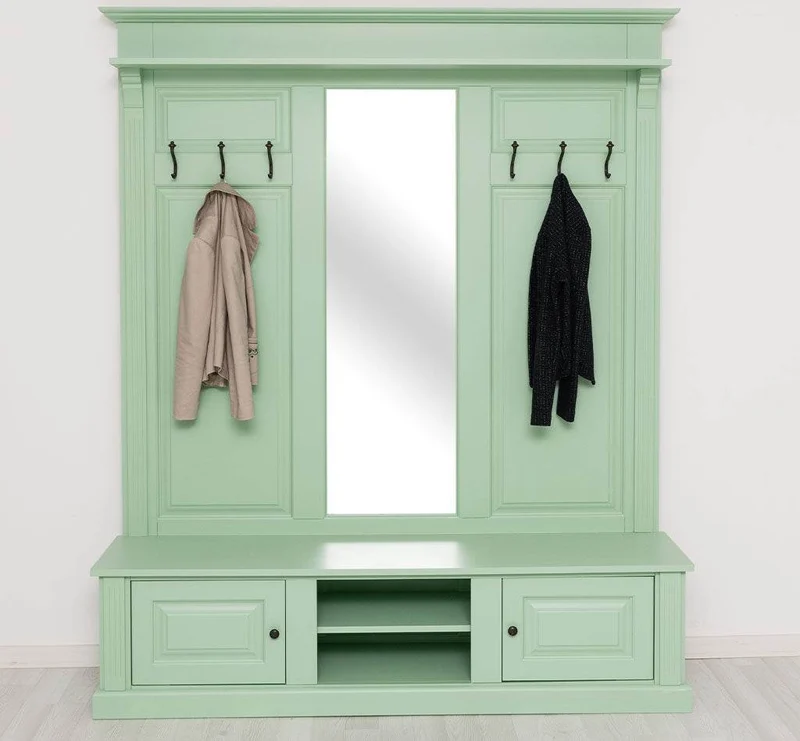 Große Garderobe aus Massivholz mit Kleiderhaken, Spiegel, Hutablage und Bank- uni