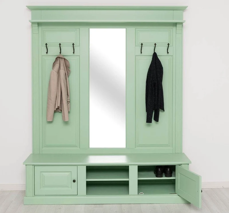 Große Garderobe aus Massivholz mit Kleiderhaken, Spiegel, Hutablage und Bank- uni