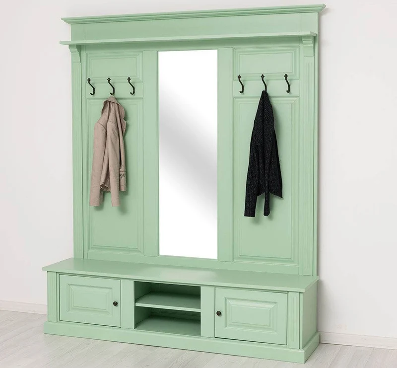 Große Garderobe aus Massivholz mit Kleiderhaken, Spiegel, Hutablage und Bank- uni