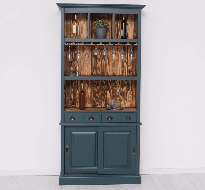 Rustikales Regal aus Massivholz mit Glashalterung | Geschirrschrank