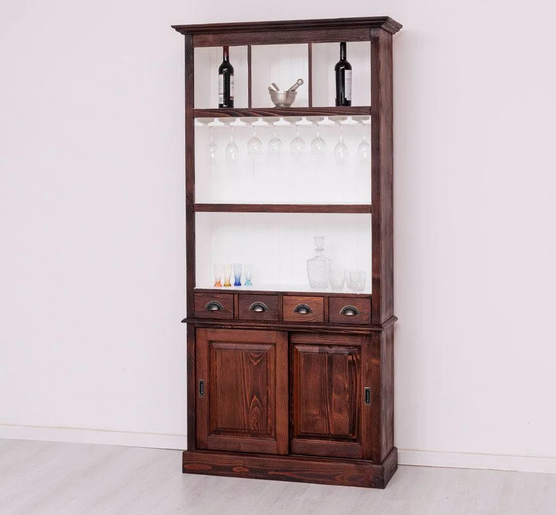 Rustikales Regal aus Massivholz mit Glashalterung | Geschirrschrank