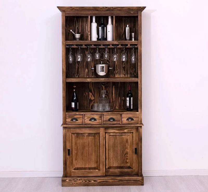 Rustikales Regal aus Massivholz mit Glashalterung | Geschirrschrank