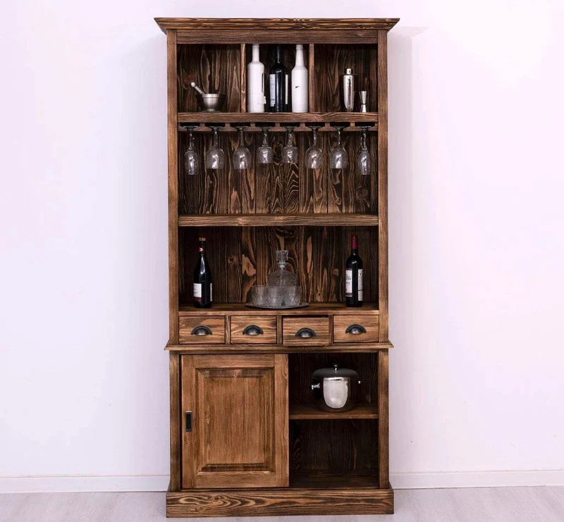Rustikales Regal aus Massivholz mit Glashalterung | Geschirrschrank