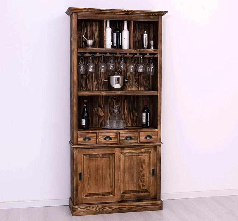 Rustikales Regal aus Massivholz mit Glashalterung | Geschirrschrank