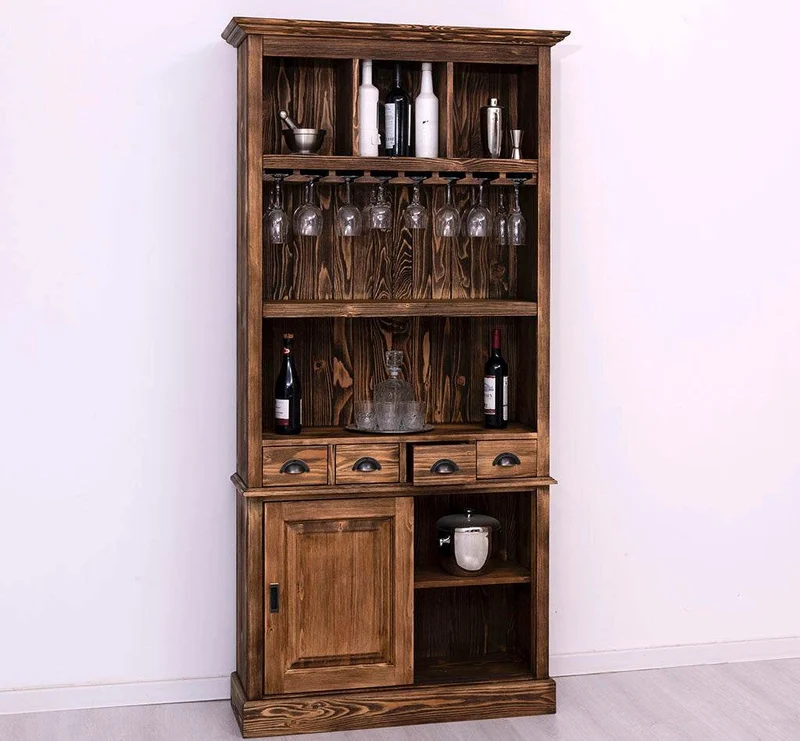 Rustikales Regal aus Massivholz mit Glashalterung | Geschirrschrank