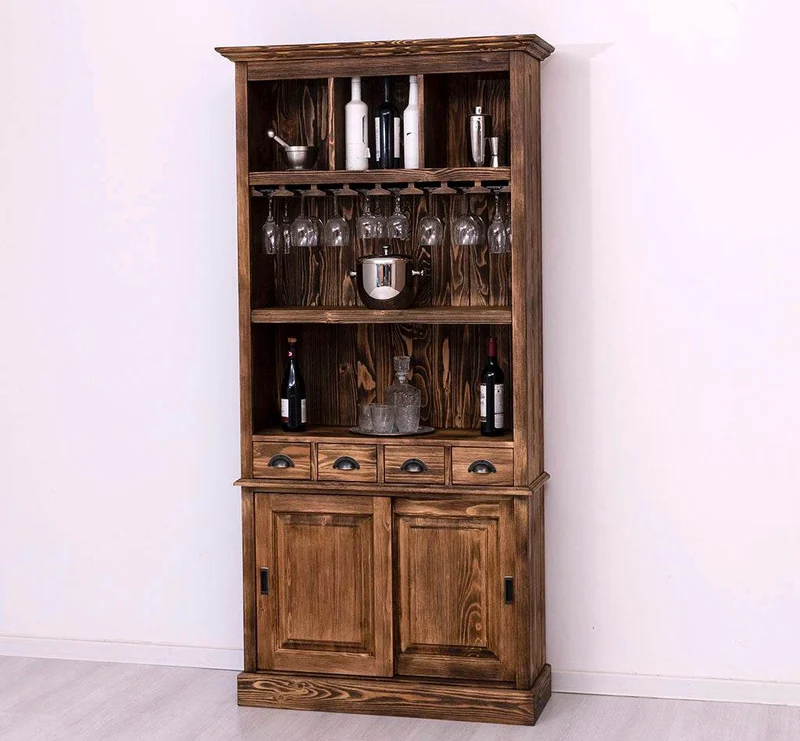 Rustikales Regal aus Massivholz mit Glashalterung | Geschirrschrank
