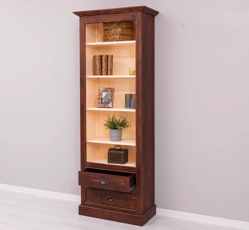 Hochschrank aus Massivholz mit Schubladen - Bücherregal