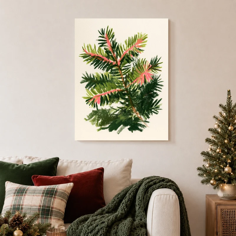 Tannenzweig mit rosa Trieben Leinwand