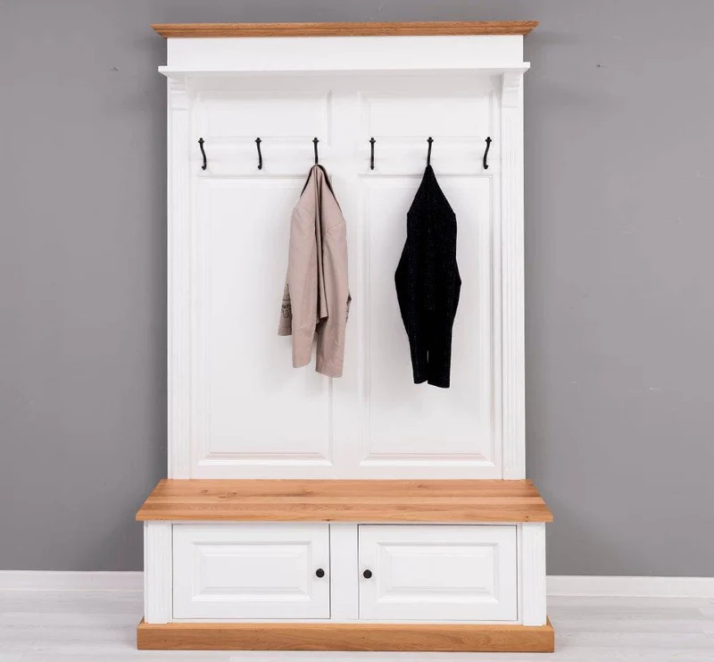 Garderobe aus Massivholz mit 6 Haken und 2 Staufächern - Eichenbank
