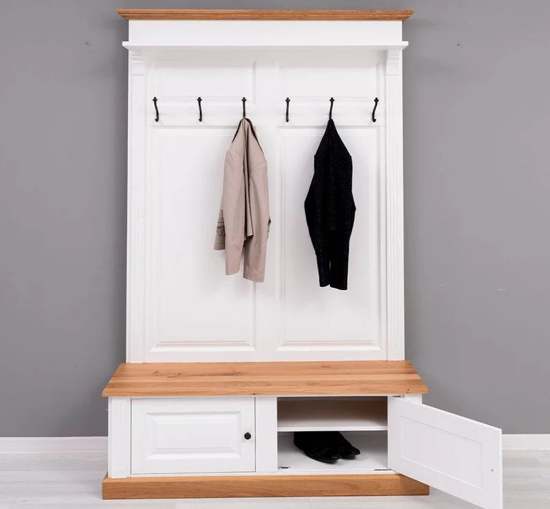 Garderobe aus Massivholz mit 6 Haken und 2 Staufächern - Eichenbank