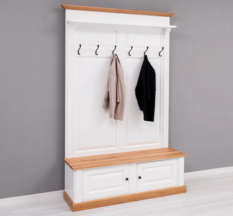 Garderobe aus Massivholz mit 6 Haken und 2 Staufächern - Eichenbank