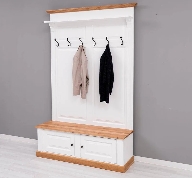 Garderobe aus Massivholz mit 6 Haken und 2 Staufächern - Eichenbank
