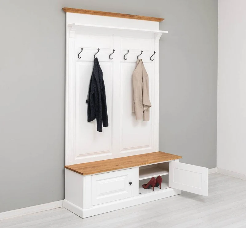 Garderobe aus Massivholz mit 6 Haken und 2 Staufächern - Eichenbank