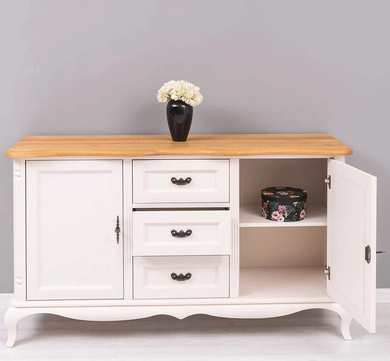 Vintage Sideboard aus Massivholz mit 2 Türen und 3 Schubladen | Kommode mit geschwungenen Füßen | Barock