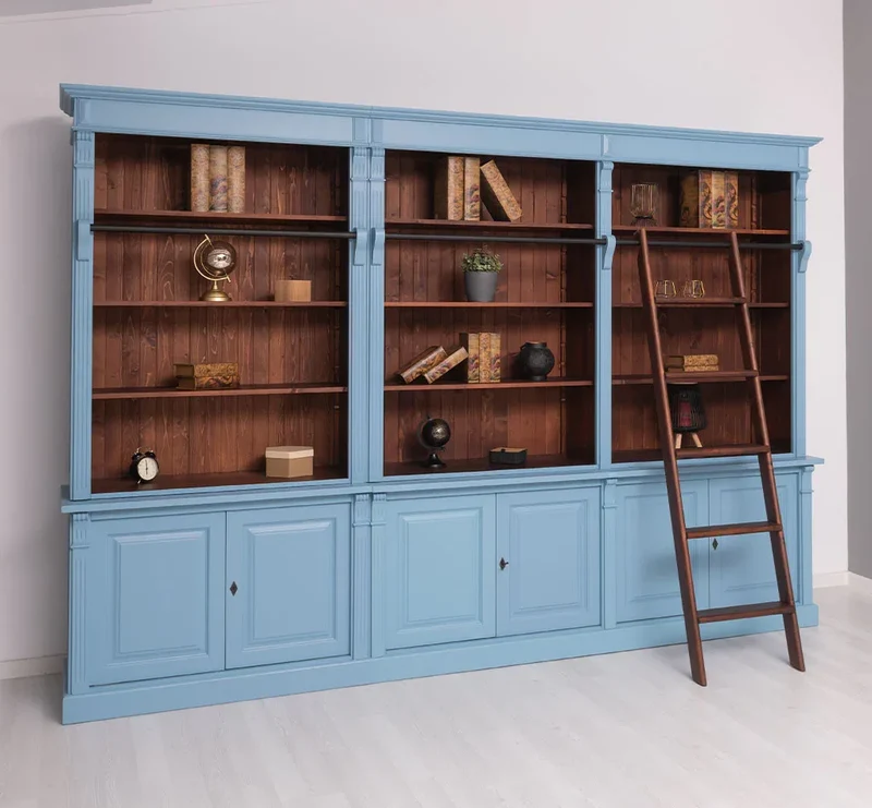 Landhaus Wohnwand aus Massivholz - Bibliotheksschrank - Bücherschrank mit Leiter