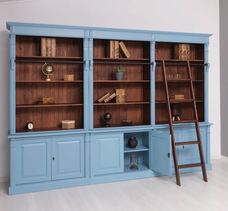Landhaus Wohnwand aus Massivholz - Bibliotheksschrank - Bücherschrank mit Leiter