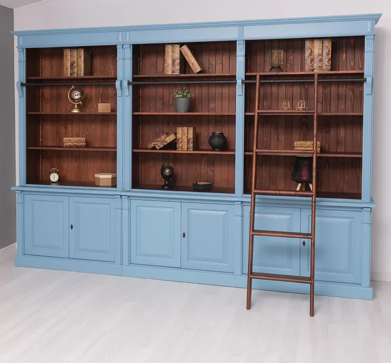 Landhaus Wohnwand aus Massivholz - Bibliotheksschrank - Bücherschrank mit Leiter