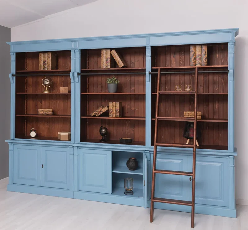 Landhaus Wohnwand aus Massivholz - Bibliotheksschrank - Bücherschrank mit Leiter