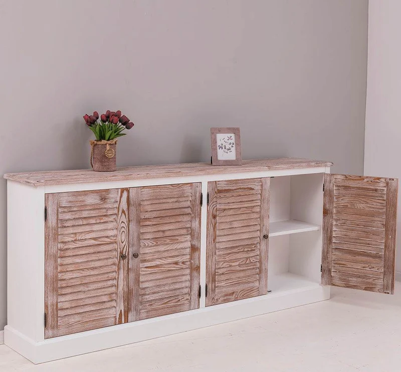 Sideboard aus Massivholz mit Lamellentüren | Kommode mit vier Türen und Knopfgriffen