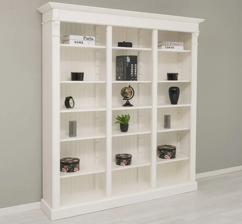 Großes Bücherregal aus Massivholz mit verzierter Kranzleiste | Regalwand in verschiedenen Farben