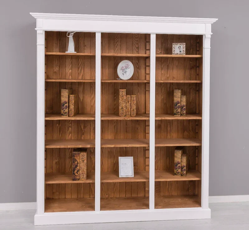 Großes Bücherregal aus Massivholz mit verzierter Kranzleiste | Regalwand in verschiedenen Farben