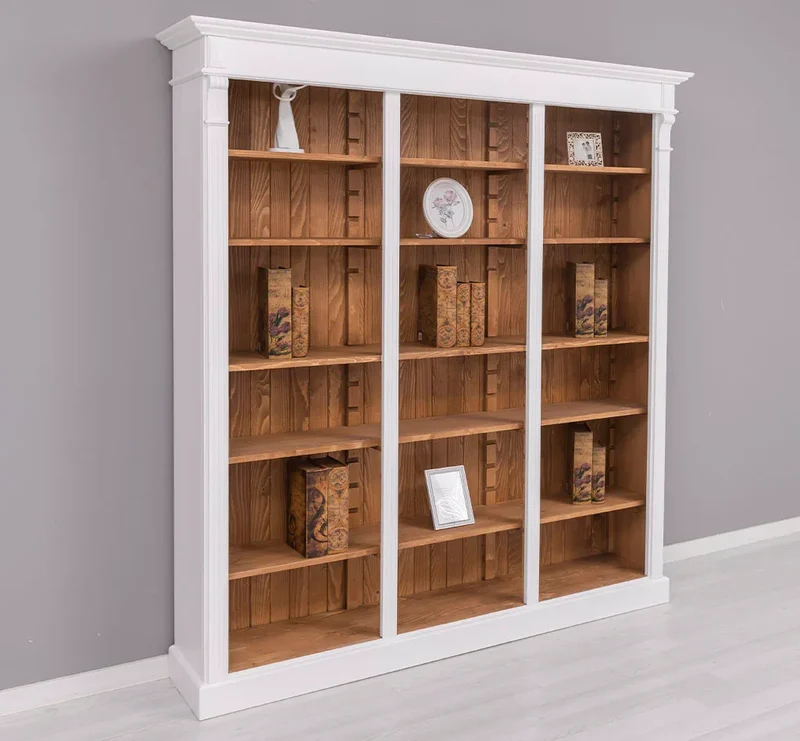 Großes Bücherregal aus Massivholz mit verzierter Kranzleiste | Regalwand in verschiedenen Farben