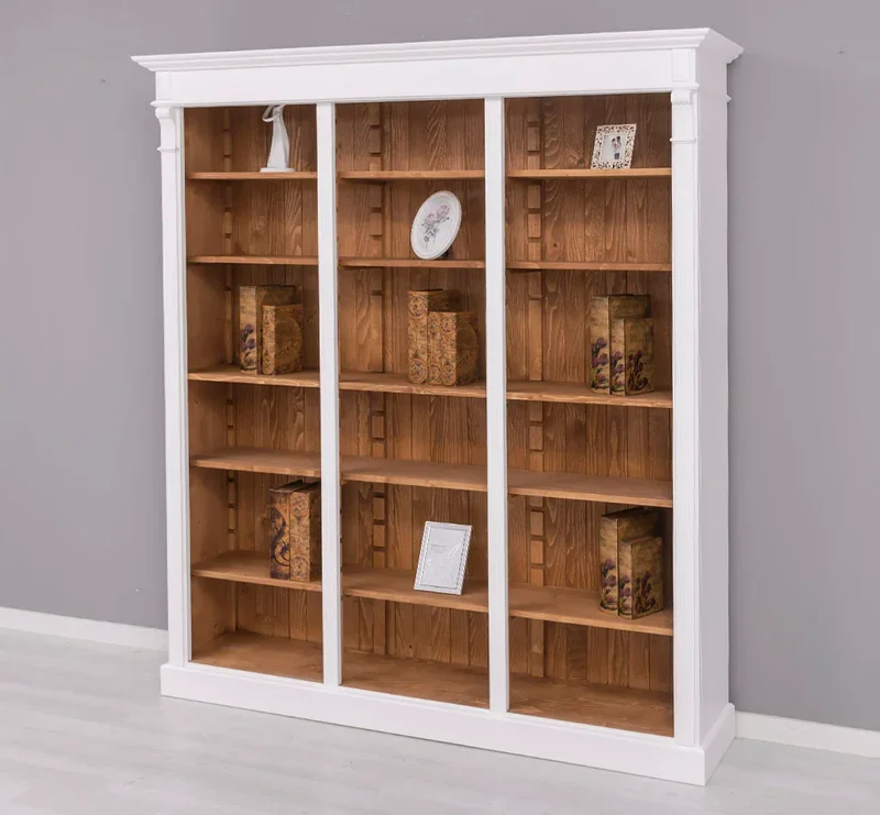 Großes Bücherregal aus Massivholz mit verzierter Kranzleiste | Regalwand in verschiedenen Farben