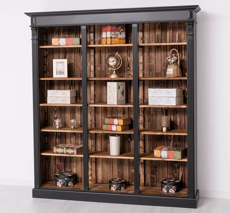 Großes Bücherregal aus Massivholz mit verzierter Kranzleiste | Regalwand in verschiedenen Farben