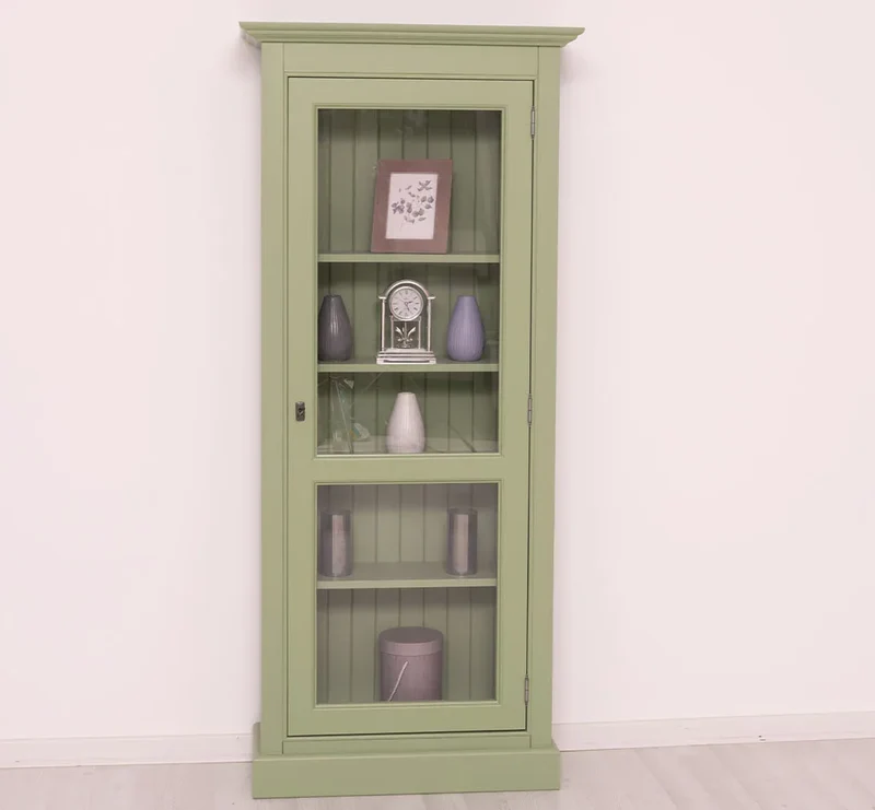 Schmaler Vitrinenschrank aus Massivholz in verschiedenen Farben