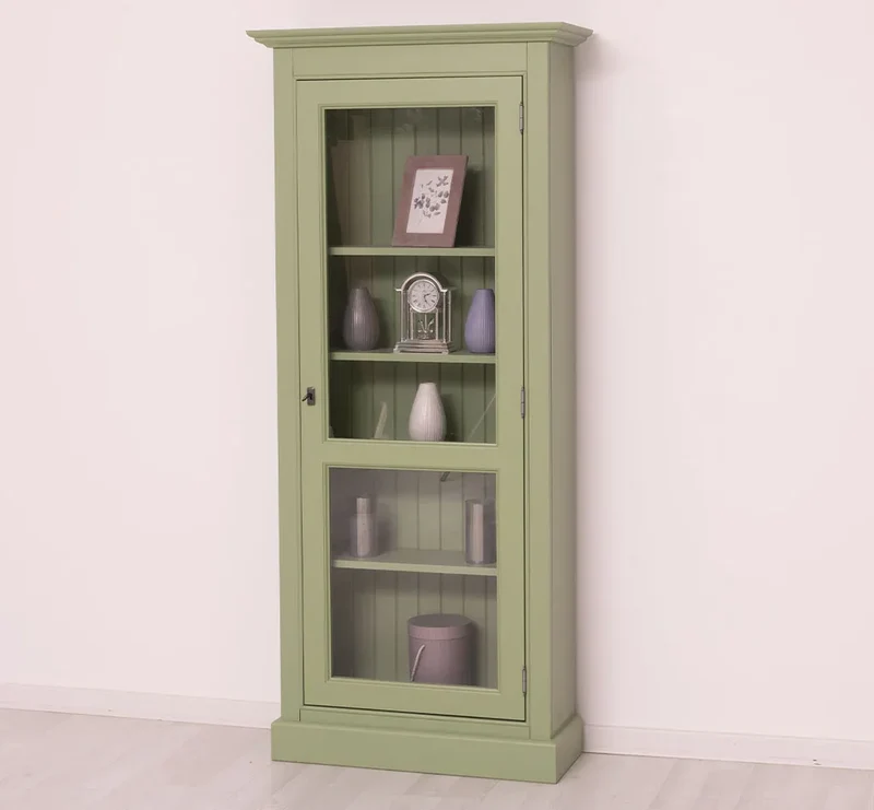 Schmaler Vitrinenschrank aus Massivholz in verschiedenen Farben