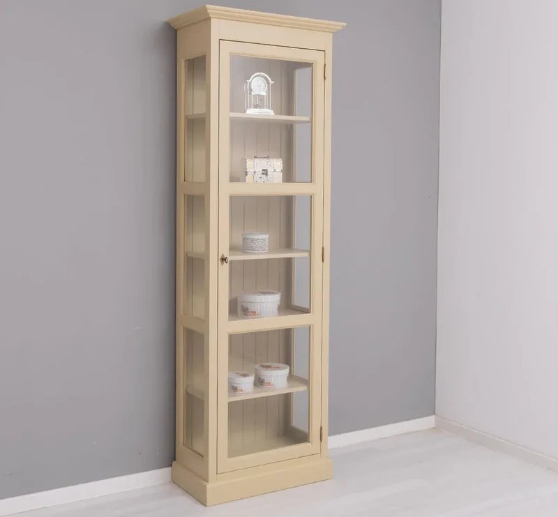 Schmaler Vitrinen- Schrank aus Massivholz mit verglasten Türen & 5 Einlegeböden