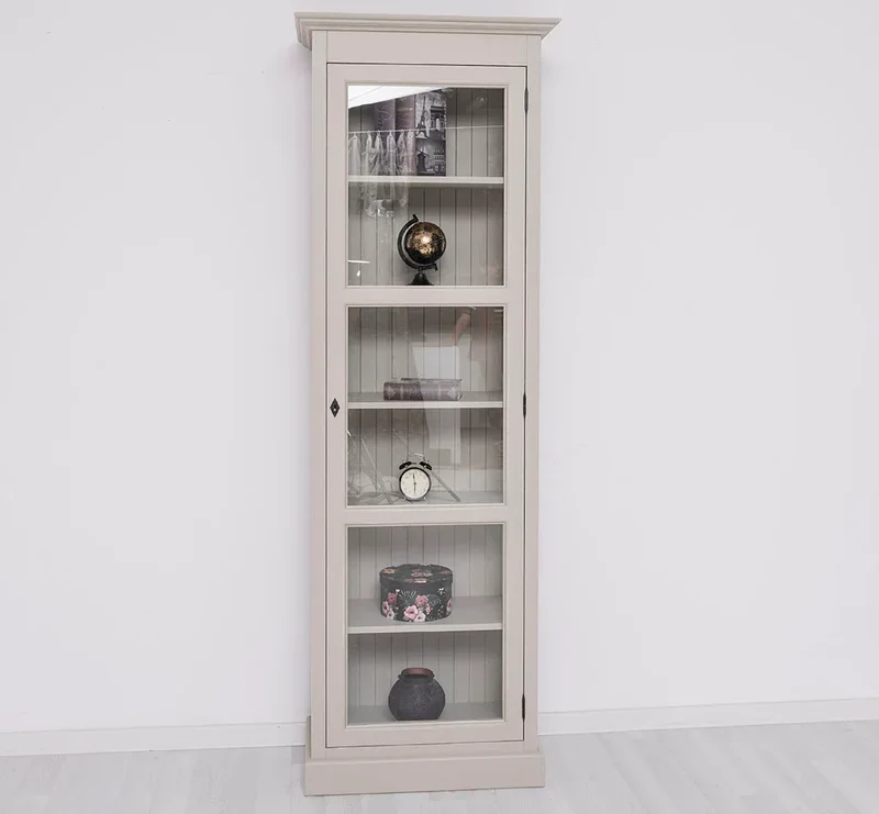 Schmaler Vitrinen- Schrank aus Massivholz mit verglasten Türen & 5 Einlegeböden