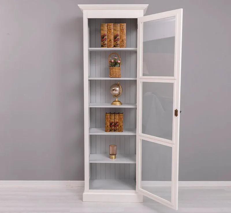Schmaler Vitrinen- Schrank aus Massivholz mit verglasten Türen & 5 Einlegeböden