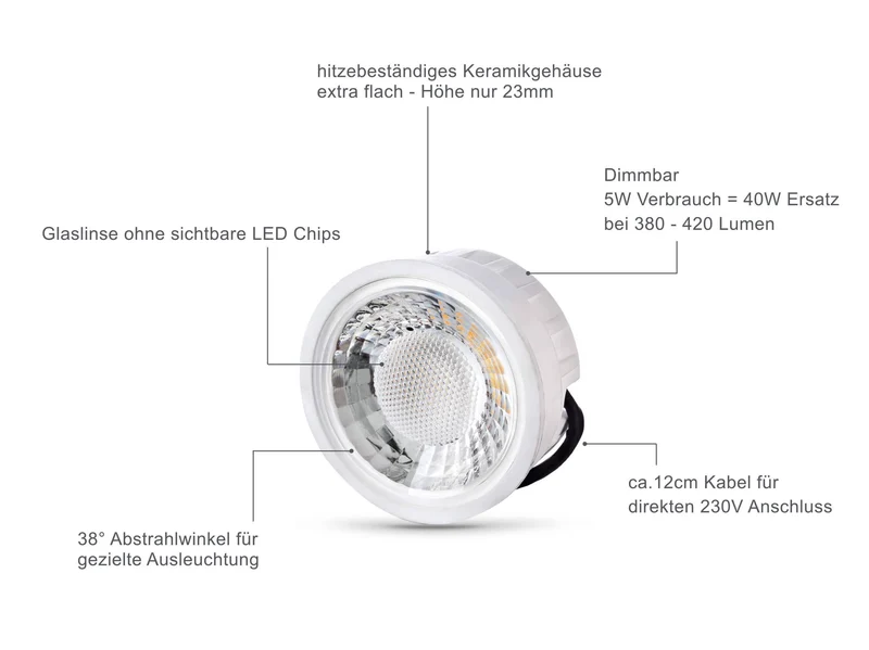 LED Einbaustrahler IP65 flach - Aluminium Gebürstet eckig 5W Dimmbar - Fora
