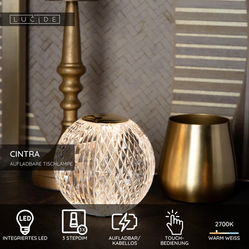 LED-Tischlampe Cintra mit Akku und Touchdimmer Ø 9cm Transparent