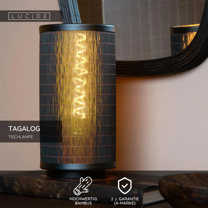 Tischleuchte Tagalog mit Bambusschirm Ø 15cm Schwarz