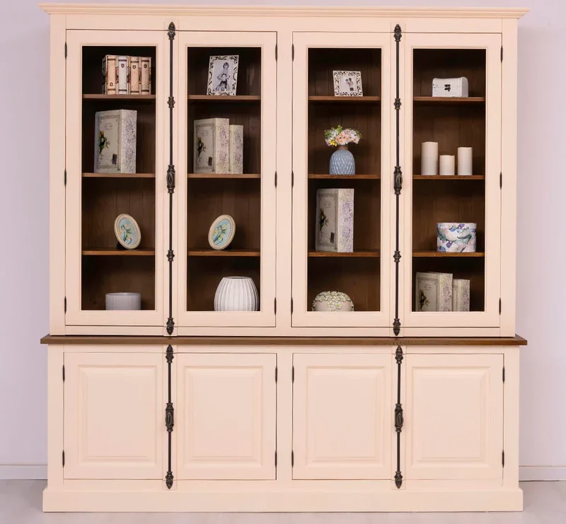 Großer Wohnzimmer Schrank aus Massivholz | Geschirrschrank | Vitrine | Bücherschrank 2-teilig mit externem Verschlusssystem